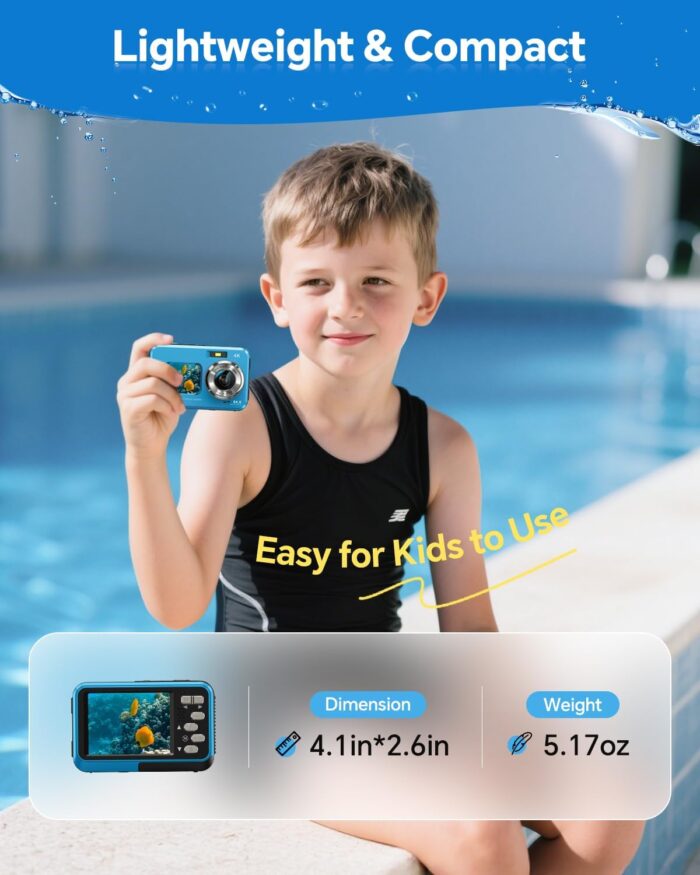 4K Underwater Camera Snorkeling 11FT Waterproof Camera 64MP Autofocus with 32GB Card Dual Screens Selfie 16X Zoom Floatable Compact Digital Camera Waterproof with 2 Batteries (Blue) - Image 5