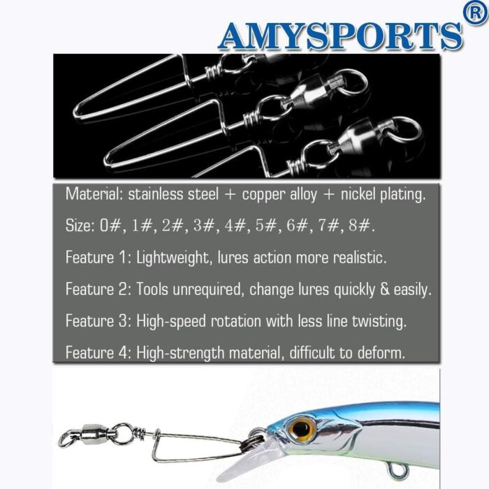 AMYSPORTS High Strength Fishing Snap Swivels Ball Bearing Swivels Stainless Fishing Swivels Saltwater Corrosion Resistance Barrel Swivel for Freshwater Fishing - Image 2