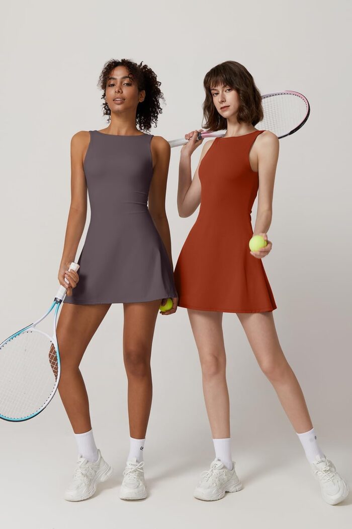 QINSEN Womens Open Back Tennis Dress Sleeveless Built in Shorts Golf Athletic Dress with Pockets - Image 6