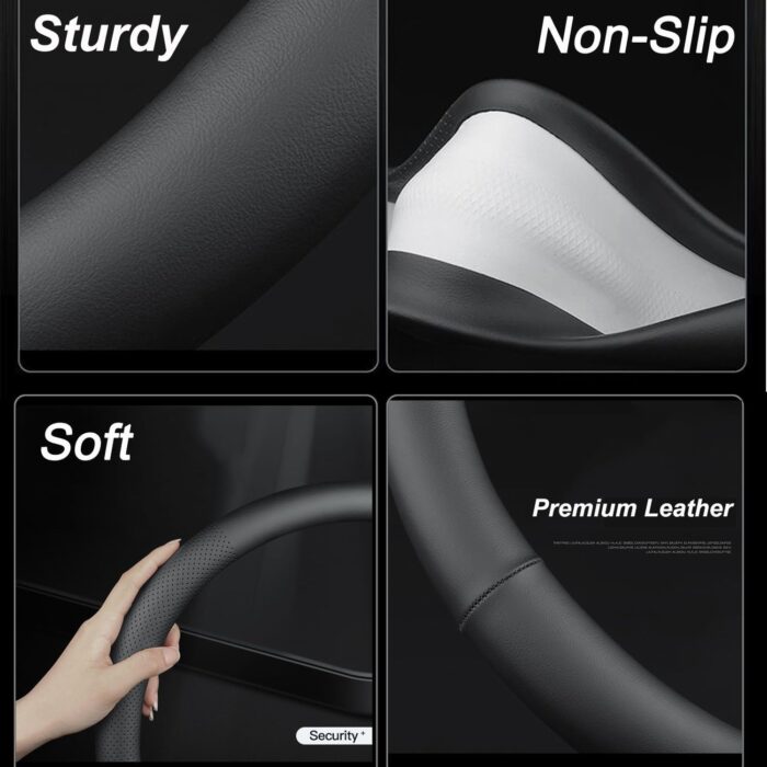 XHRING D-Shaped Car Steering Wheel Cover for Volkswagen VW Atlas Tiguan ID.4 Taos Passat Golf Jetta Beetle Polo GTI CC Touareg SE SEL R-line S Cross Sport Accessories, 2025 Leather Black - Image 3