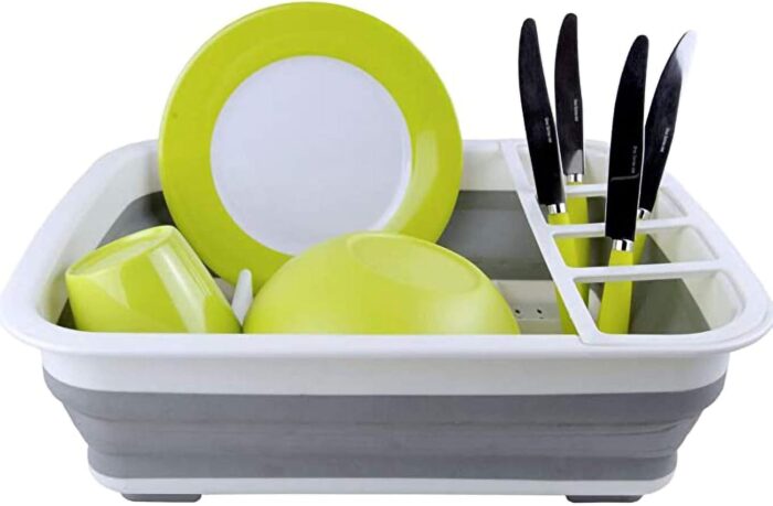 camper must haves dish drying rack Collapsible Dish Drying Rack Portable Dinnerware Drainer Organizer for Kitchen RV Campers Travel Trailers Space Saving Kitchen Storage Rack Tray (with Drainboard) - Image 4