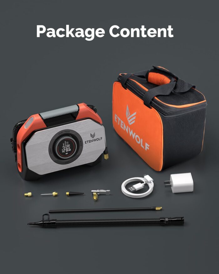 ETENWOLF VORTEX S6 Tire Inflator Portable Air Compressor for Heavy-duty Vehicle, Cordless Air Pump for Car & Inflatables with 19200 mAh Battery, 100% Duty Cycle & Dual Cylinder Bike Pump, Vivid Orange - Image 9