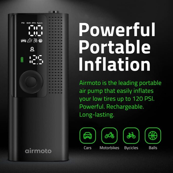 Airmoto Tire Inflator Portable Air Compressor - Air Pump For Car Tires with Digital Pressure Gauge, LED Light and Auto Shut-Off Function - Cordless Pump for Car, Motorcycle, Bicycle, Balls and More - Image 2