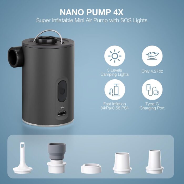 Portable Air Pump for Inflatables, Ultra-Mini Air Mattress Pump 4X with 1600mAh Battery & Camping Light, USB Rechargeable Air Pump for Swimming Rings, Pool Floats, Sleeping Pads, Vacuum Storage Bags - Image 2