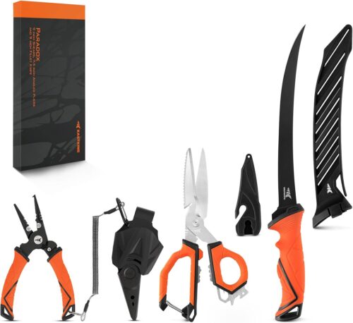 KastKing Paradox Fishing Tools Set, Stainless Steel 9" Bait Shears, 7.5" Angled Nose Pliers & 9" Fillet Knife with Non-Slip Grips and Protective Sheaths