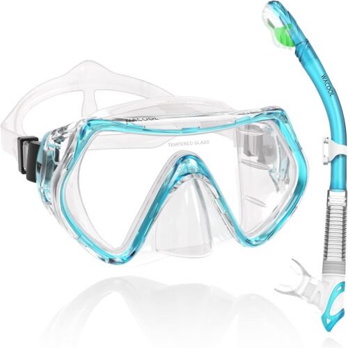 WACOOL Professional Snorkeling Snorkel Diving Scuba Package Set with Anti-Fog Coated Glass Purge Valve and Anti-Splash Silicon Mouth Piece for Men Women (Adults,Lake Blue)