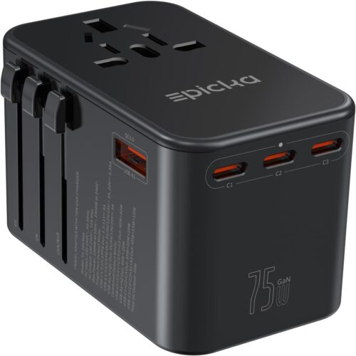 EPICKA Universal Travel Adapter, GaN 75W International Plug Adapter with 3 USB-C PD Fast Charging & 2 USB-A Quick Charging Adaptor All-in-one Wall Charger for USA EU UK AUS (TA-105 Max, Black)