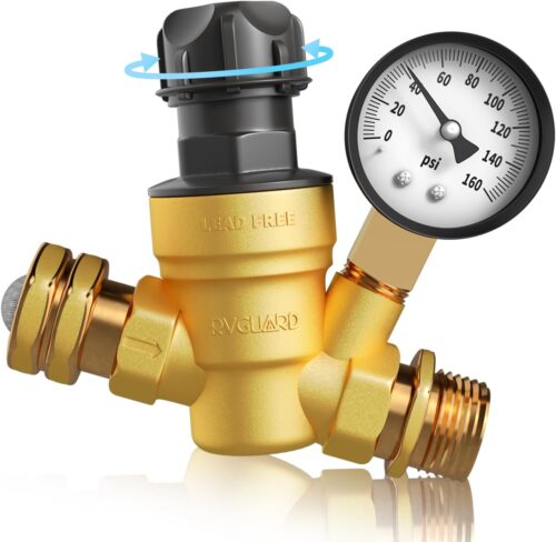 RVGUARD RV Water Pressure Regulator Valve With An Adjustable Knob, NO Tool Required, Brass Lead-Free Water Pressure Reducer with Gauge and Inlet Screen Filter for RV Camper Travel Trailer