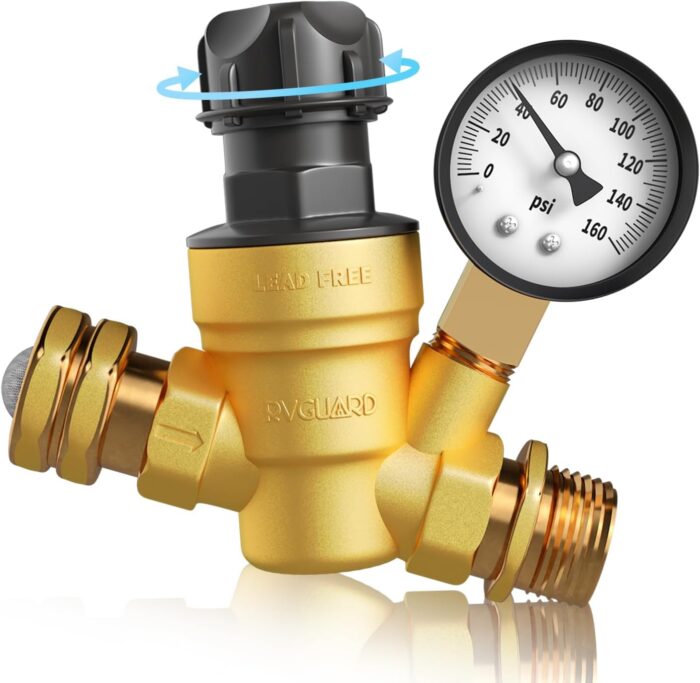 RVGUARD RV Water Pressure Regulator Valve With An Adjustable Knob, NO Tool Required, Brass Lead-Free Water Pressure Reducer with Gauge and Inlet Screen Filter for RV Camper Travel Trailer