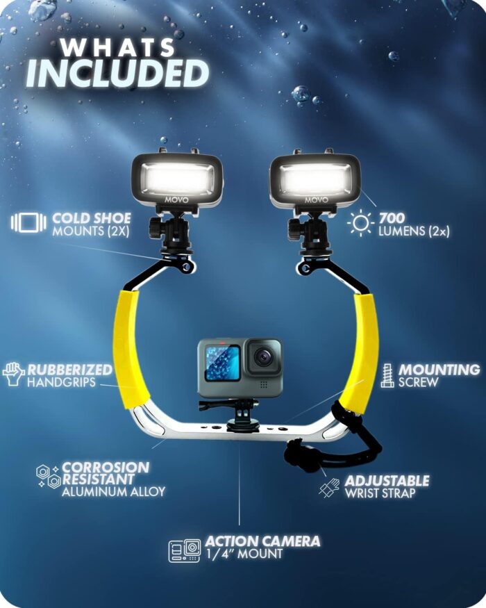 Movo DiveRig1 XL Diving Rig Bundle with Waterproof LED Lights - Compatible with GoPro Hero, HERO5, HERO6, HERO7, HERO8, HERO9, HERO10 and DJI Osmo Action Cam - Scuba Accessories for Underwater Camera - Image 5