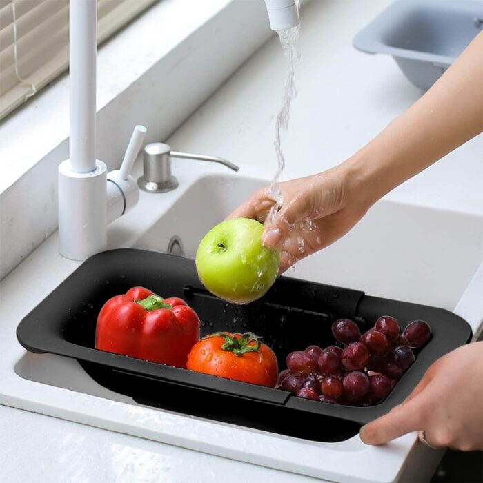 Collapsible Sink Colanders and Strainers Basket Extendable Plastic Fruit Vegetable Strainer Drainer Basket for Kitchen (Length 13.6 inch-18.7 inch) (Black Set of 2) - Image 2