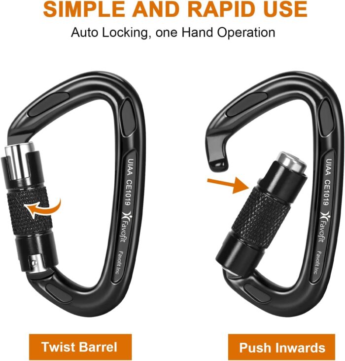 Heavy Duty Locking Climbing Carabiner - Favofit 25KN 42KN UIAA Certified Auto Lock Carabiner Clip for Arborist - 3.9'' Large Rock Climbing Hook for Hammock Rappelling Hunting - Image 8