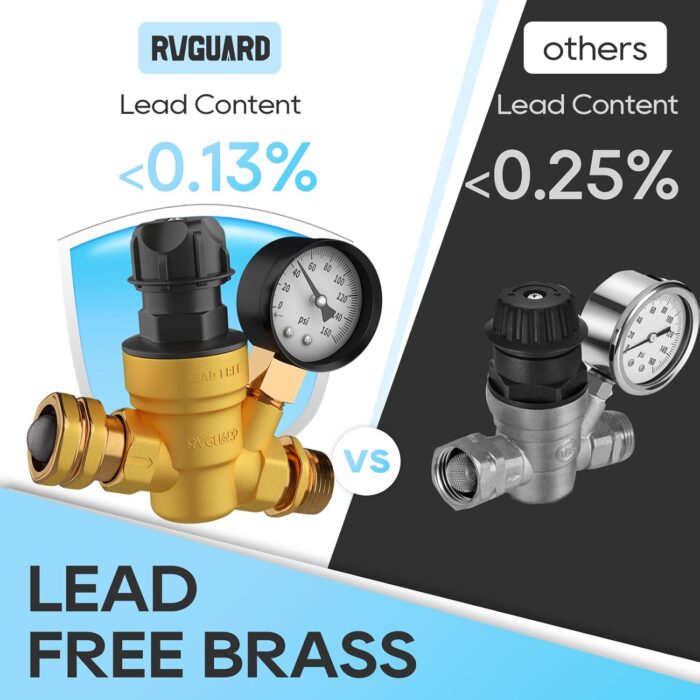 RVGUARD RV Water Pressure Regulator Valve With An Adjustable Knob, NO Tool Required, Brass Lead-Free Water Pressure Reducer with Gauge and Inlet Screen Filter for RV Camper Travel Trailer - Image 5