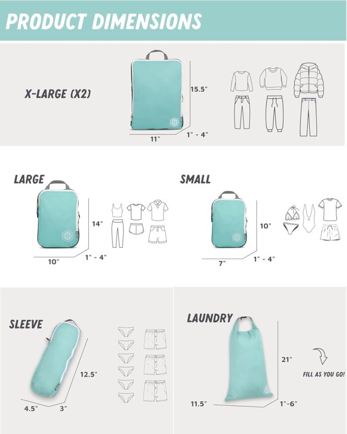Large Compression Packing Cubes for Travel-Packing Cube Luggage Organizers 7 Piece Set for Checked Luggage-Ultralight, Expandable/Compression Bags by TRIPPED Travel Gear (DustyTeal/White) - Image 4