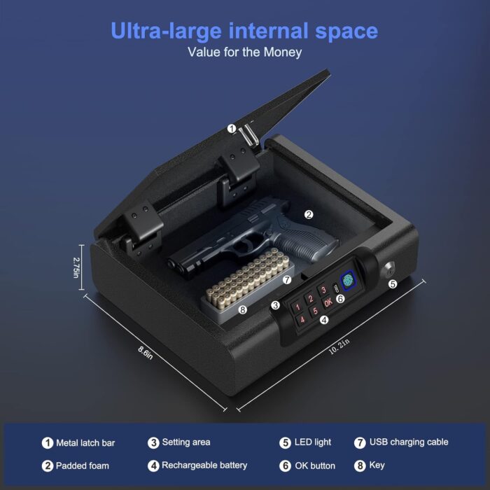 Biometric Gun Safe for Pistols 3-Ways unlock Fingerprint Digital PIN Key Unlock Handgun Safe with Sound, Lock box for Cloakroom living room Bedroom Nightstand and Car BILLCONCH - Image 6
