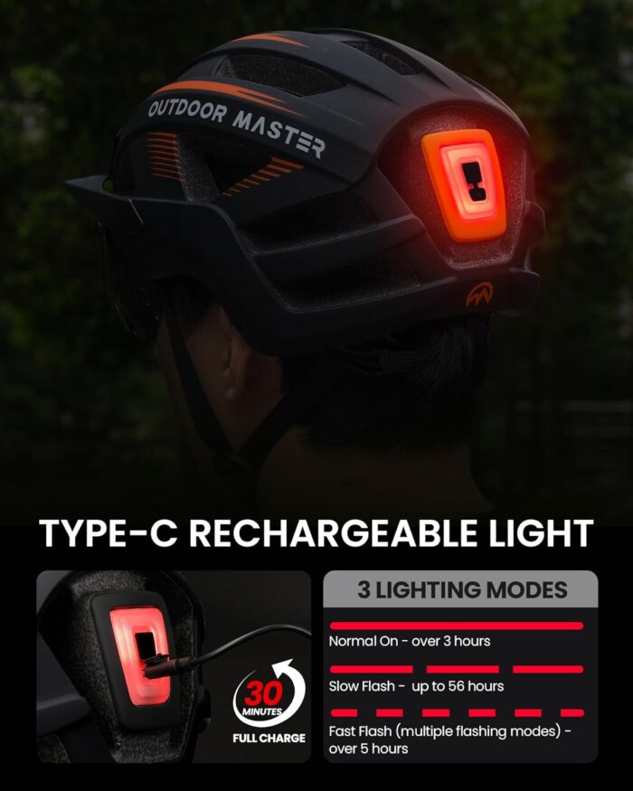 OutdoorMaster Adult Bike Helmet - Bicycle Helmet with Rechargeable Rear LED Light, Detachable Magnetic Goggles, Removable Sun Visor - Suitable for Commuting and Cycling for Men and Women - Image 5