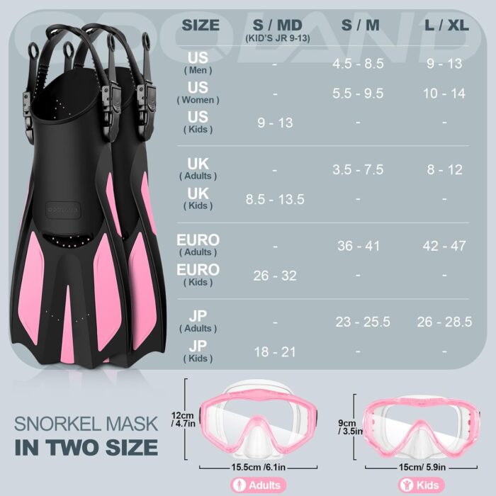 Odoland Snorkel Set, Adults Snorkeling Packages with Dry Top Diving Mask, Adjustable Swim Fins, Mesh Bag, Anti-Fog Anti-Leak Snorkeling Gear for Men Women - Image 4