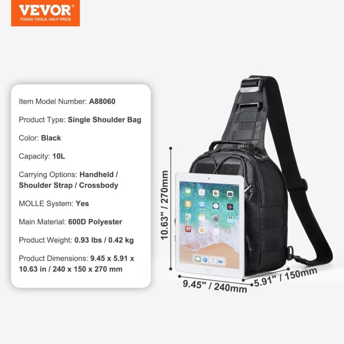 VEVOR Tactical Sling Bag, 10L Military Tactical Shoulder Bag with Molle Design and Waterproof Tactical Backpack, Tactical Shoulder Bag for Men, Caping, Hiking, Hunting and Every Day Carry, Black - Image 7