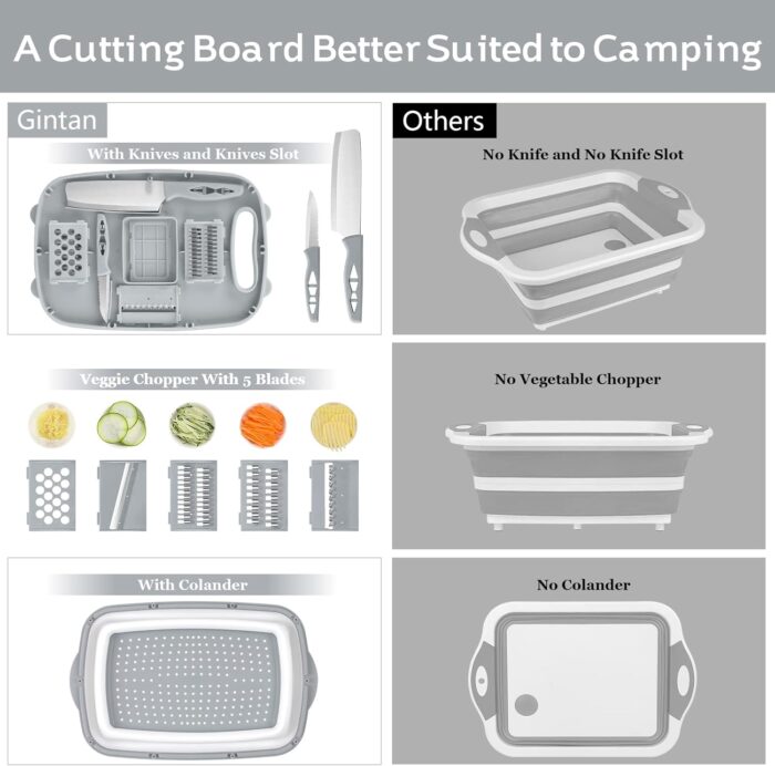 Gintan Camping Cutting Board, 9-in-1 Collapsible Chopping Board with Colander, Kitchen Vegetable Washing Basket for Camping, Camping Gifts Camping Accessories for RV Campers (Gray) - Image 4