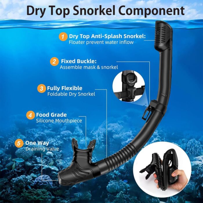 Snorkel Mask Adult,Dry Snorkel Set,Snorkeling Gear for Adults,Panoramic Wide View Swim Mask,Snorkel for Lap Swimming Snorkeling Diving Swimming Travel - Image 4