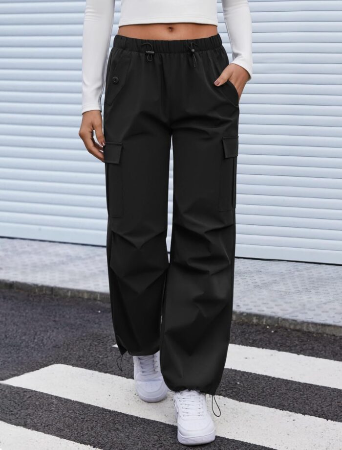 Cargo Pants Women Elastic Waisted Parachute Hiking Pants with Pockets Water-Resistant Lightweight Baggy Pants - Image 2