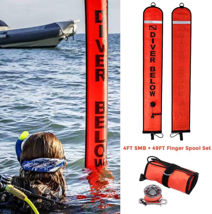4ft Red Scuba Diving SMB, Open Bottom Surface Marker Buoy with Safety Sausage with 49ft Alloy Dive Reel and Double-Ended Bolt Clip for Underwater Sports-Gray - Image 2