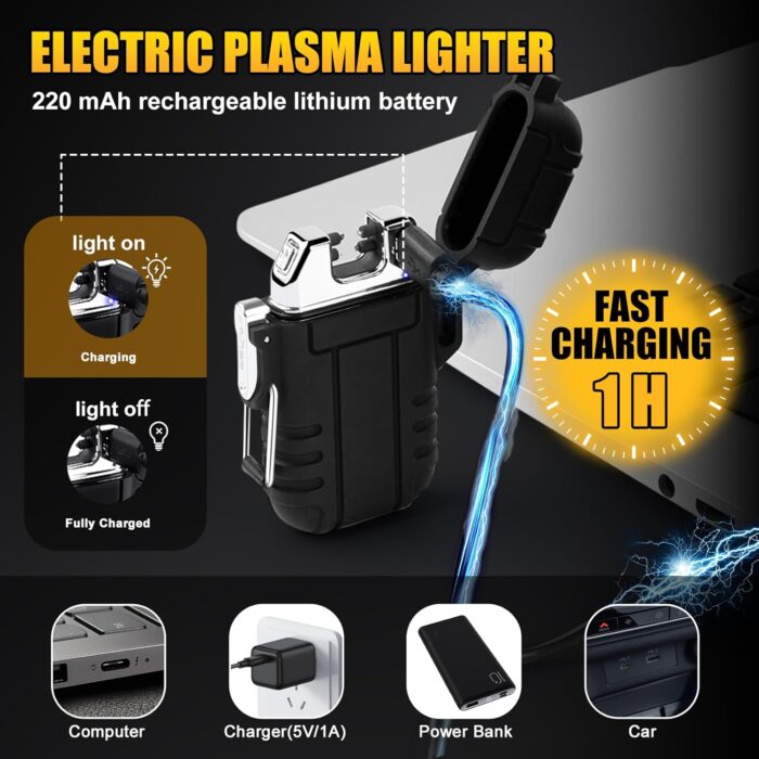LcFun Waterproof Electric Lighter Windproof Dual Arc USB Rechargeable Flameless Plasma Lighters for Camping Hiking Survival Tactical Gear Gifts for Men Fathers Husband - Image 4
