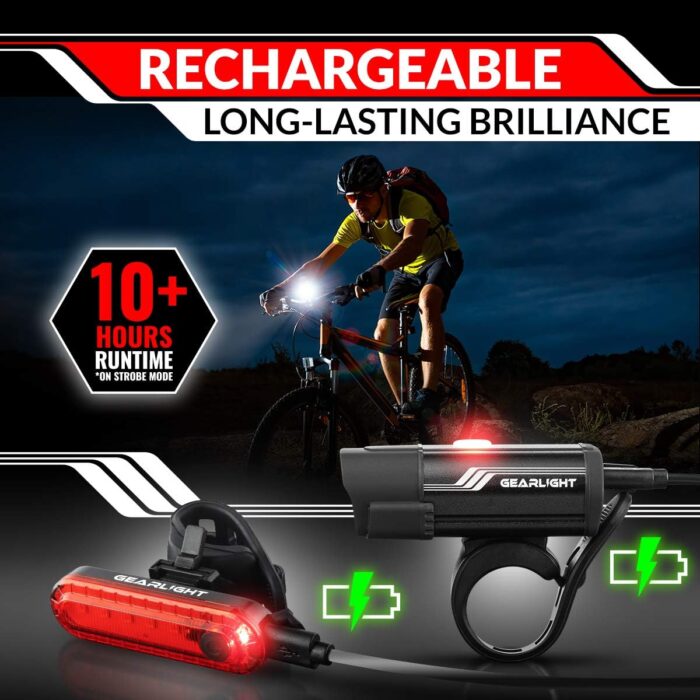 GearLight Rechargeable Bike Light, Bike Headlight and Tail Light Set, Powerful Front and Back Lights for Night Riding Safety, Night Riding Accessories, White Elephant Stocking Stuffer for Men - Image 2