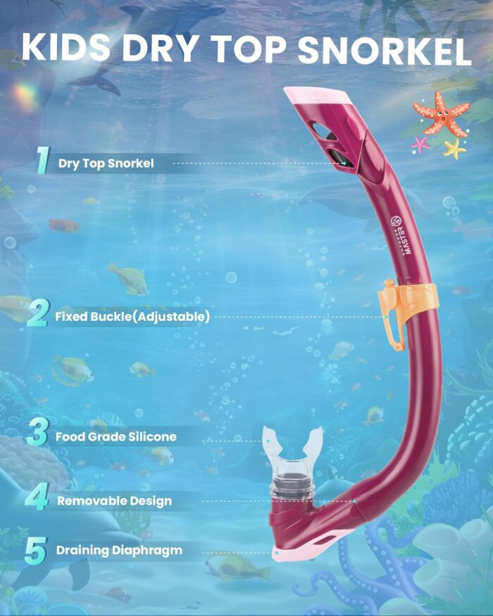 OutdoorMaster Marlin Kids Mask Fins Snorkel Set, Dry Top Snorkeling Gear with Adjustable Fins, Anti-Fog Snorkel Mask Set for Boys and Girls Age 6-16 - Image 5