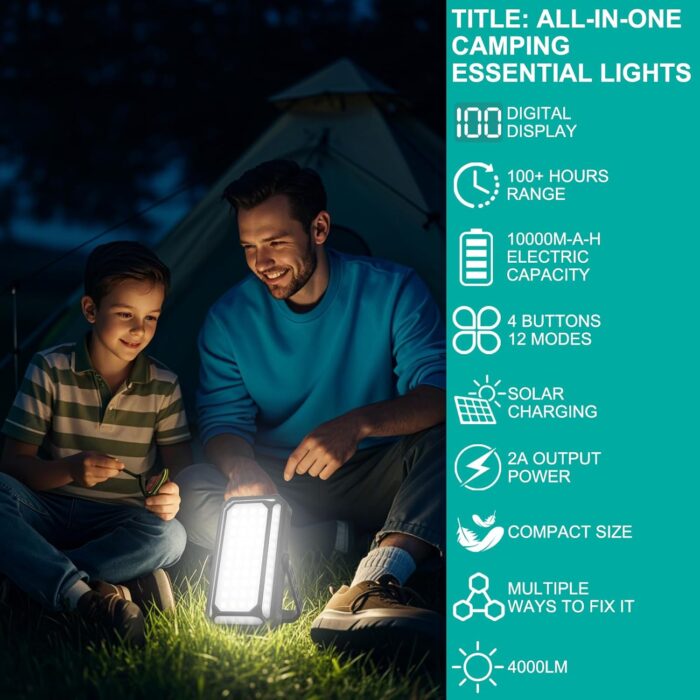 Rechargeable Camping Lantern, 10000mAh Dimmable Camp Lights with 12 Modes, High Lumen LCD Display Tent Light for Power Outages, Hurricane, Hiking, Fish, Emergency, Home Use - Image 3