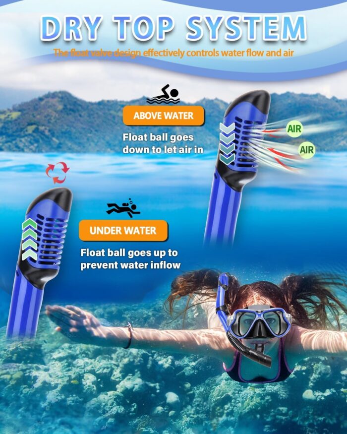 Snorkeling Gear for Adults Kids, Dry Snorkeling Set, Panoramic Anti-Leak and Anti-Fog Tempered Glass Lens, Adjustable Strap Snorkel Set with Mesh Bag Ear Plug for Snorkeling Scuba Diving Travel - Image 3