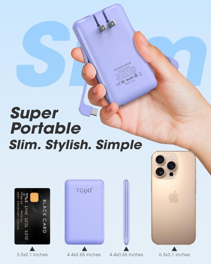 TG90° Portable Phone Charger Ultra Mini Power Bank with Built-in Foldable AC Wall Plug and Cables,5000mAh External Battery Pack Compatible with iPhone and Android Smart Devices - Image 5