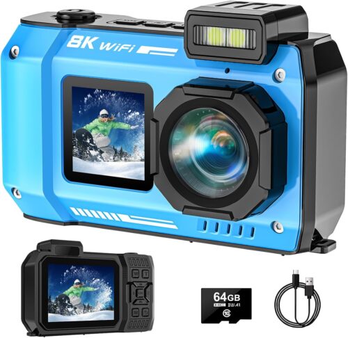 UHD 8K Underwater Camera, 70MP 33FT WiFi Waterproof Digital Camera with 64GB Card, Auto Focus Waterproof Dual-Screen Selfie 2500mAh Battery, 18X Floatable Digital for Snorkeling, Blue