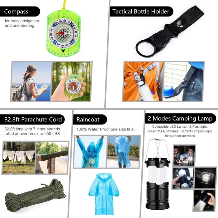 Emergency Survival Kit, 151 Pcs Survival Gear First Aid Kit, Outdoor Trauma Bag with Tactical Flashlight Knife Pliers Pen Blanket Bracelets Compass for Camping Earthquake or Adventures - Image 5