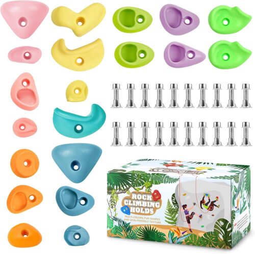 TOPNEW 20PC Kids Climbing Holds, Climbing Rocks for Play Set, Swingset - Adult Rock Wall Holds with Mounting Hardware for Indoor Outdoor Climbing Wall, Pastel Color