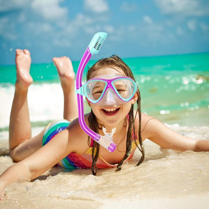 Kids Mask Fins Snorkel Set, Dry Top Snorkeling Gear for Kids Youth Boys Girls Junior Age 5-15 Tempered Glass Snorkel Mask Set Panoramic View Snorkeling Packages - Image 2