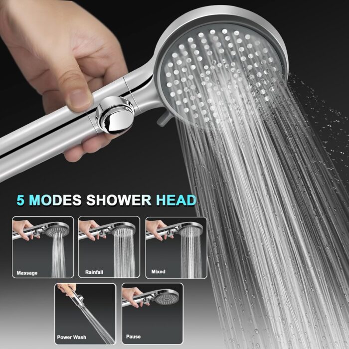 RV Shower Head with Hose, High Pressure 5 Mode Shower head Replacement, Shower Head for RV/Campers, Travel Trailer, Motorhome for Water Saving, Handheld Shower Head Holder and Hose, On Off Switch - Image 2