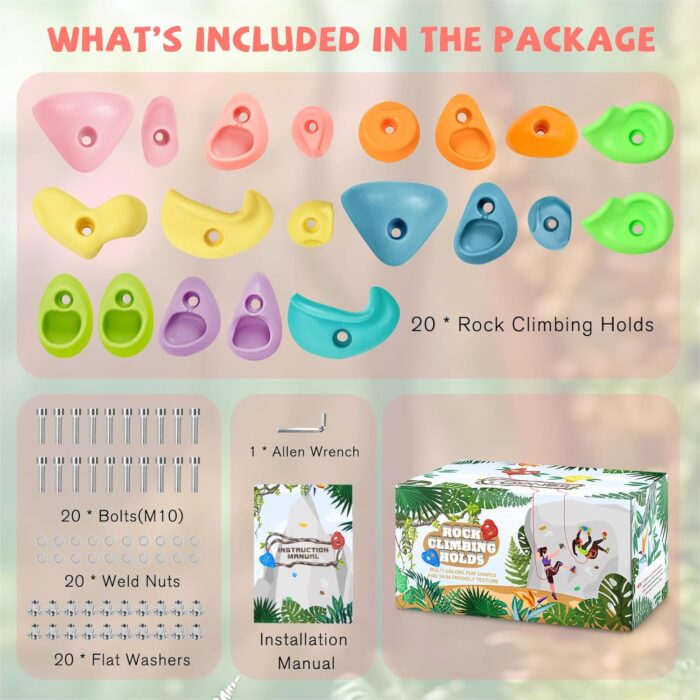 TOPNEW 20PC Kids Climbing Holds, Climbing Rocks for Play Set, Swingset - Adult Rock Wall Holds with Mounting Hardware for Indoor Outdoor Climbing Wall, Pastel Color - Image 2