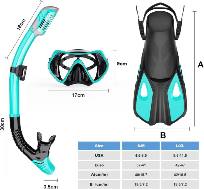 Mask Fin Snorkel Set, Snorkeling Gear for Adults with Panoramic View Mask, Dry Top Snorkel, Adjustable Swim Fins and Travel Bag, Man Woman Snorkel Gear for Swimming Snorkeling Diving - Image 6
