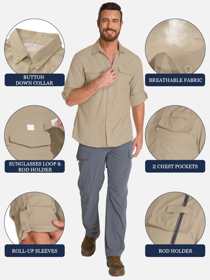 Fishing Shirts for Men, Sun Protection Long Sleeve Hiking Outdoor UV Shirt Quick Dry UPF 50+ for Travel Safari Camping - Image 3
