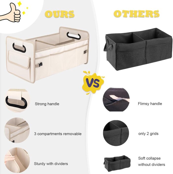 JiatuA Car Trunk Organizer, Car Organizers and Storage Collapsible Multi Compartment Container Box, Adjustable Car Accessories for SUV Sedan Truck, Standard Size, Beige - Image 4