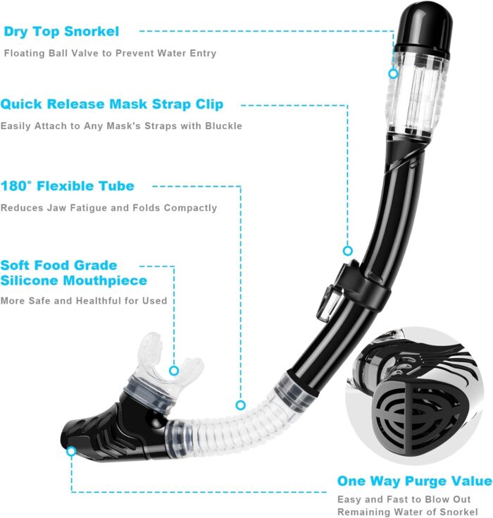 Snorkel Set, Zipoute Snorkel Dry Top Snorkeling Gear for Adults, Panoramic Anti-Leak and Anti-Fog Tempered Glass Lens, Adults Adjustable Snorkeling Set, Scuba Diving Swimming Training Snorkel Kit - Image 5