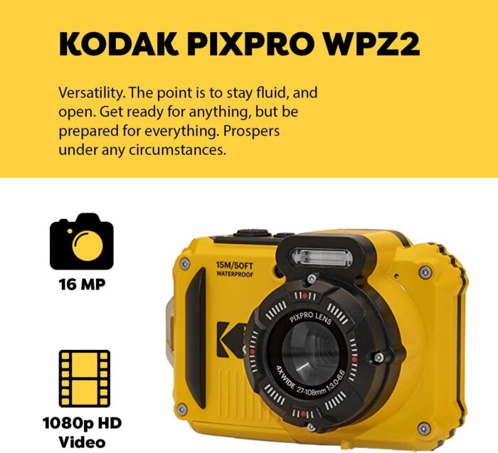 Kodak PIXPRO WPZ2 Rugged Waterproof Shockproof Digital Camera 16MP 4X Optical Zoom 1080P Full HD Video, 2.7 LCD (Yellow), 32GB SD Card, Black Compact Camera Case, Floating Strap, Bundle (7 Items) - Image 3