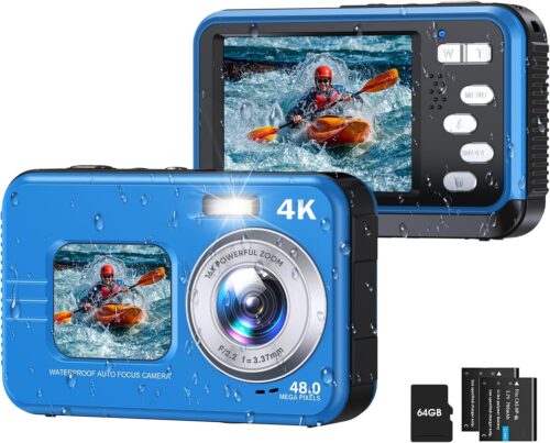 Underwater Camera, Selfie Dual Screens 4K 48MP 11FT Autofocus Waterproof Digital Camera for Snorkeling,16X Zoom, 64GB Card, 2 Batteries, Fill Light (Blue)