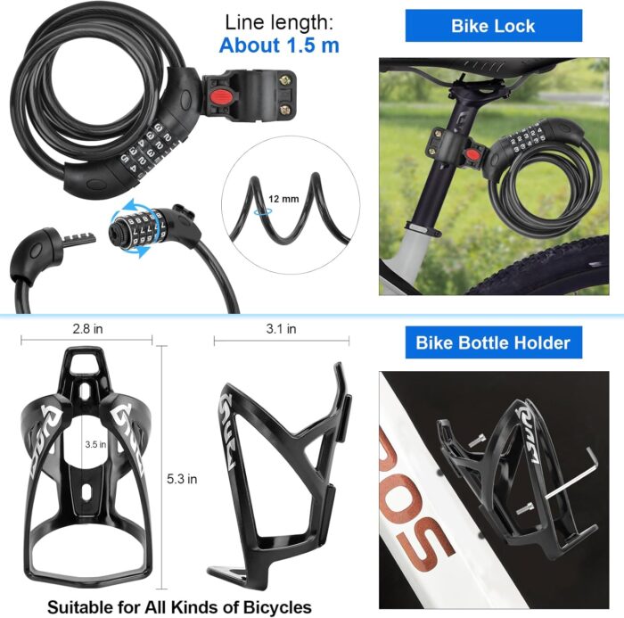 8 Pack Bicycle Accessories, Bike Light Set USB Rechargeable, 1 Bike Water Bottle Holder, Bike Bag and 1 Bike Aluminum Bicycle Bell,Pump - Image 5