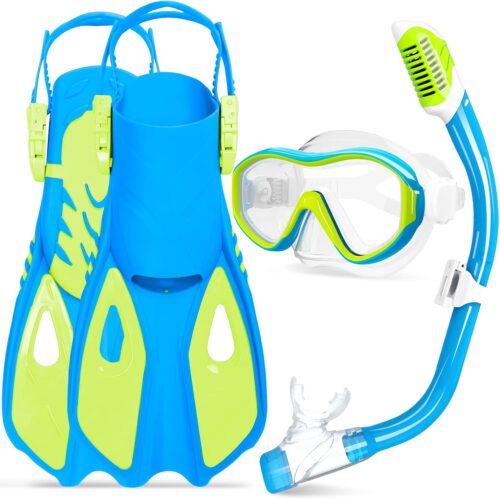 Kids Mask Fins Snorkel Set for Age 5-15,Dry Top Snorkeling Gear for Kids Boys Girls Junior & Youth, Tempered Glass Snorkel Mask with Fins for Swimming Snorkeling