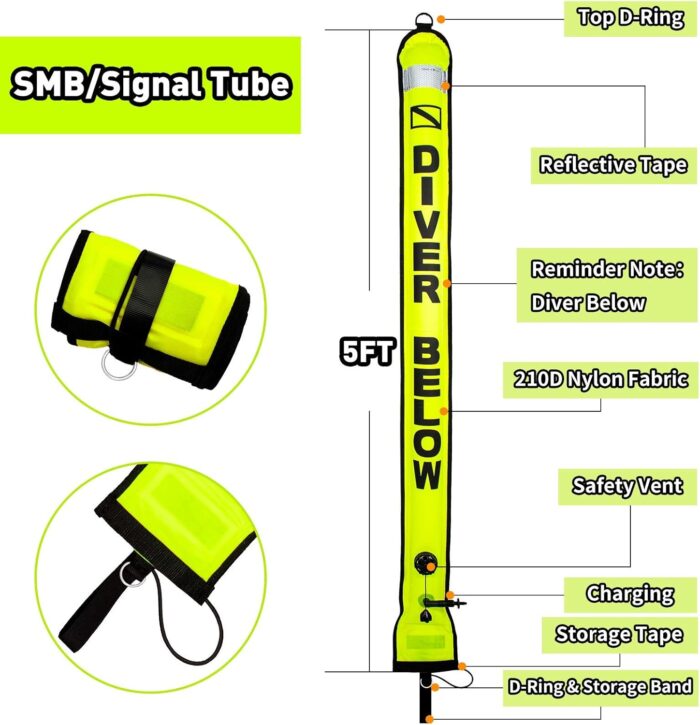 5ft Scuba Diving Surface Marker Buoy (SMB), Safety Sausage with Plastic 98ft Finger Spool Reel and Double Ended Hook Clip + Emergency Whistle for Underwater Diving - Image 5