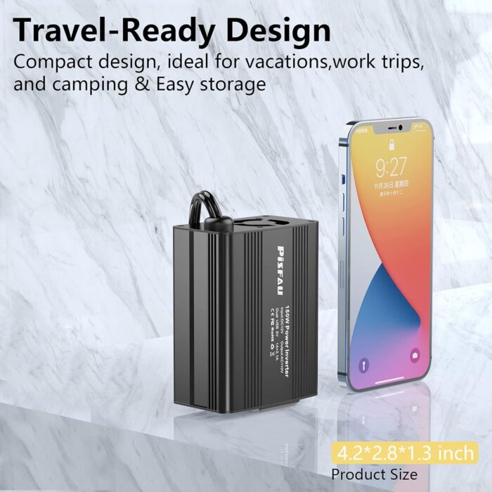 150W Power Inverter 12V DC to 110V AC Car Plug Adapter Outlet Converter with 3.1A Dual USB AC car Charger for Laptop Computer Black - Image 3