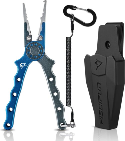 Piscifun Fishing Pliers, Saltwater Fishing Pliers with Split Ring, Fish Hook Remover, Corrosion Resistance Fly Fishing Pliers with Braid Cutters, Sheath and Lanyard, Fishing Gear Gifts for Men