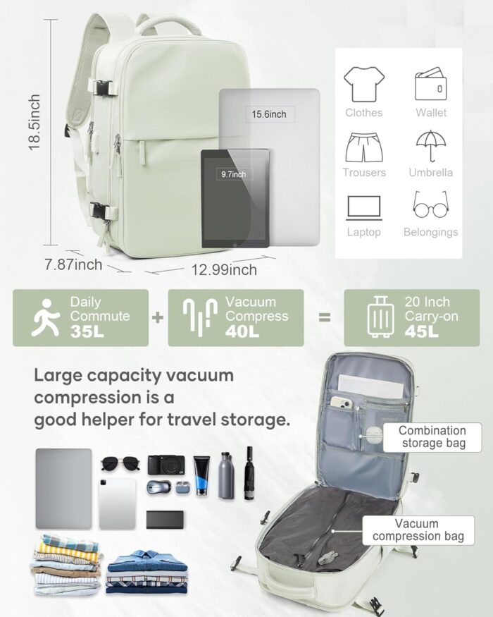 suwasp Vacuum Compression Backpack, 45L Expandable Travel Backpack with Electric Vacpack Pump, Travel Vacuum Bags with Shoe Compartment/17inch Laptop Compartment/USB Port, Mintgreen - Image 6